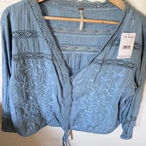 Free People Follow Your Heart Blue Embroidered Women's Top
